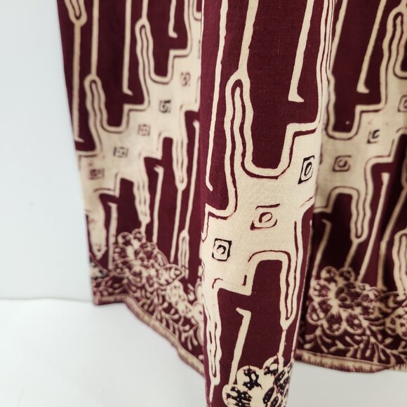 Vintage Batik A-Line Maxi Skirt Long Brown Cream Elastic Waist - Picture 3 of 9
